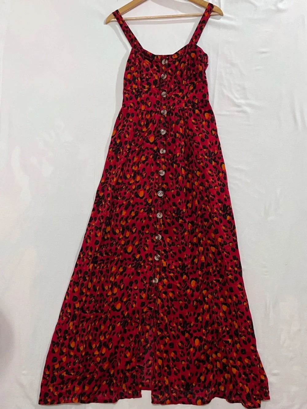 Alya Red Leopard Print Midi Dress Size Small Button Front Smocked Boho Summer - Picture 2 of 13